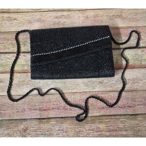 La Regale Vintage Evening Bag Black Rhinestone Beaded Clutch Purse Prom Formal